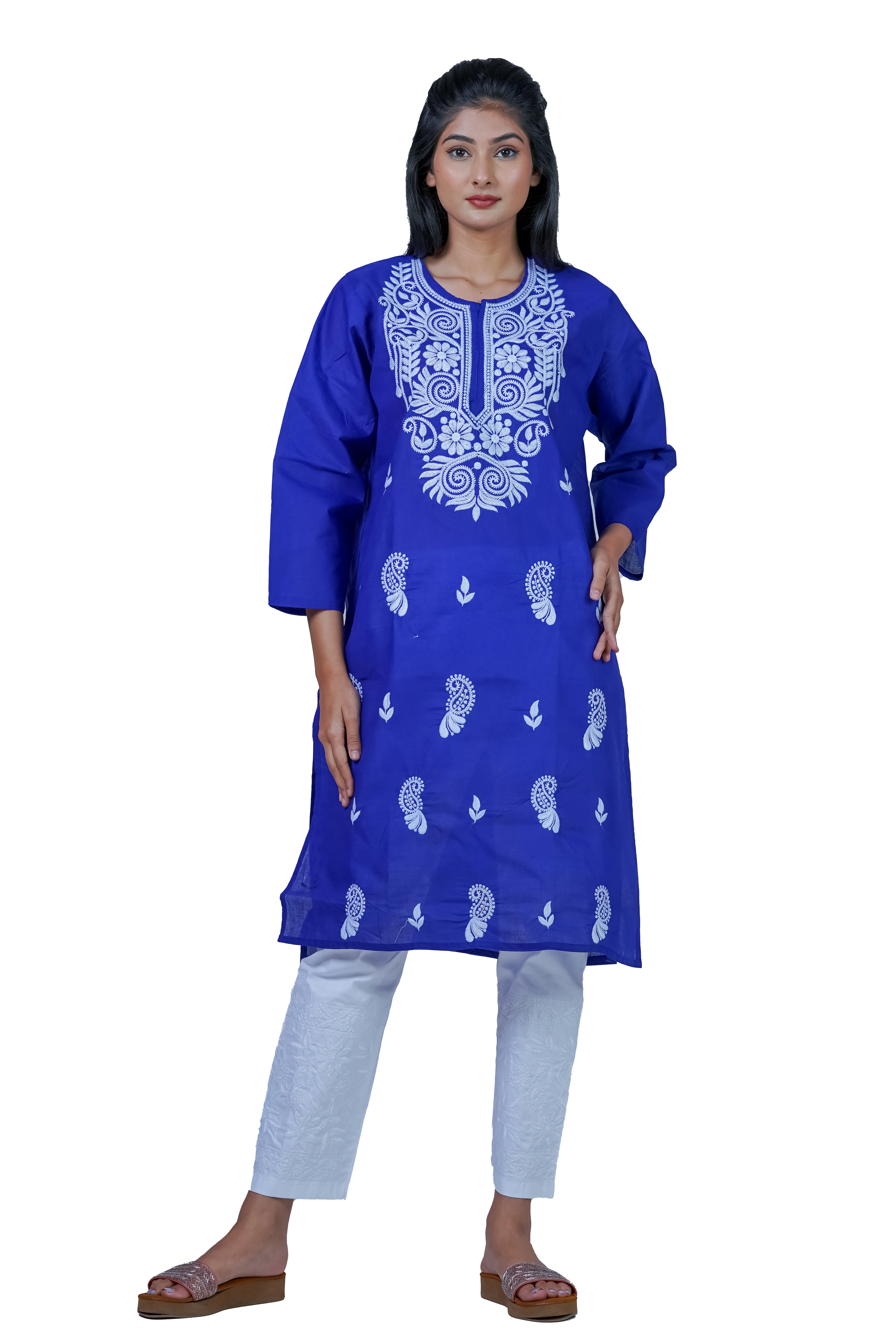 Hand-Embroidered Lucknowi Cotton Chikan- Oxford blue