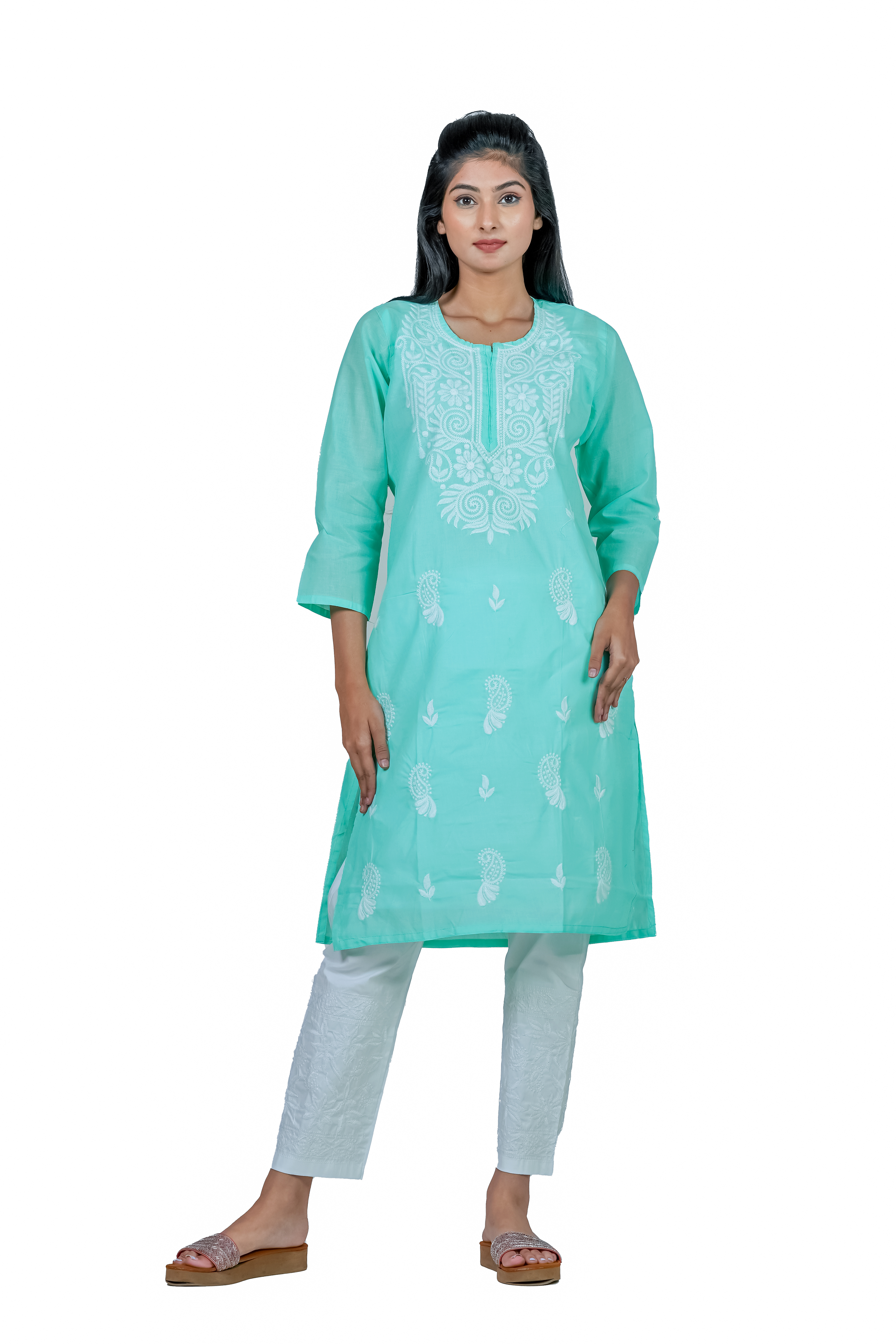 Hand-Embroidered Lucknowi Cotton Chikan Kurti- Light Green