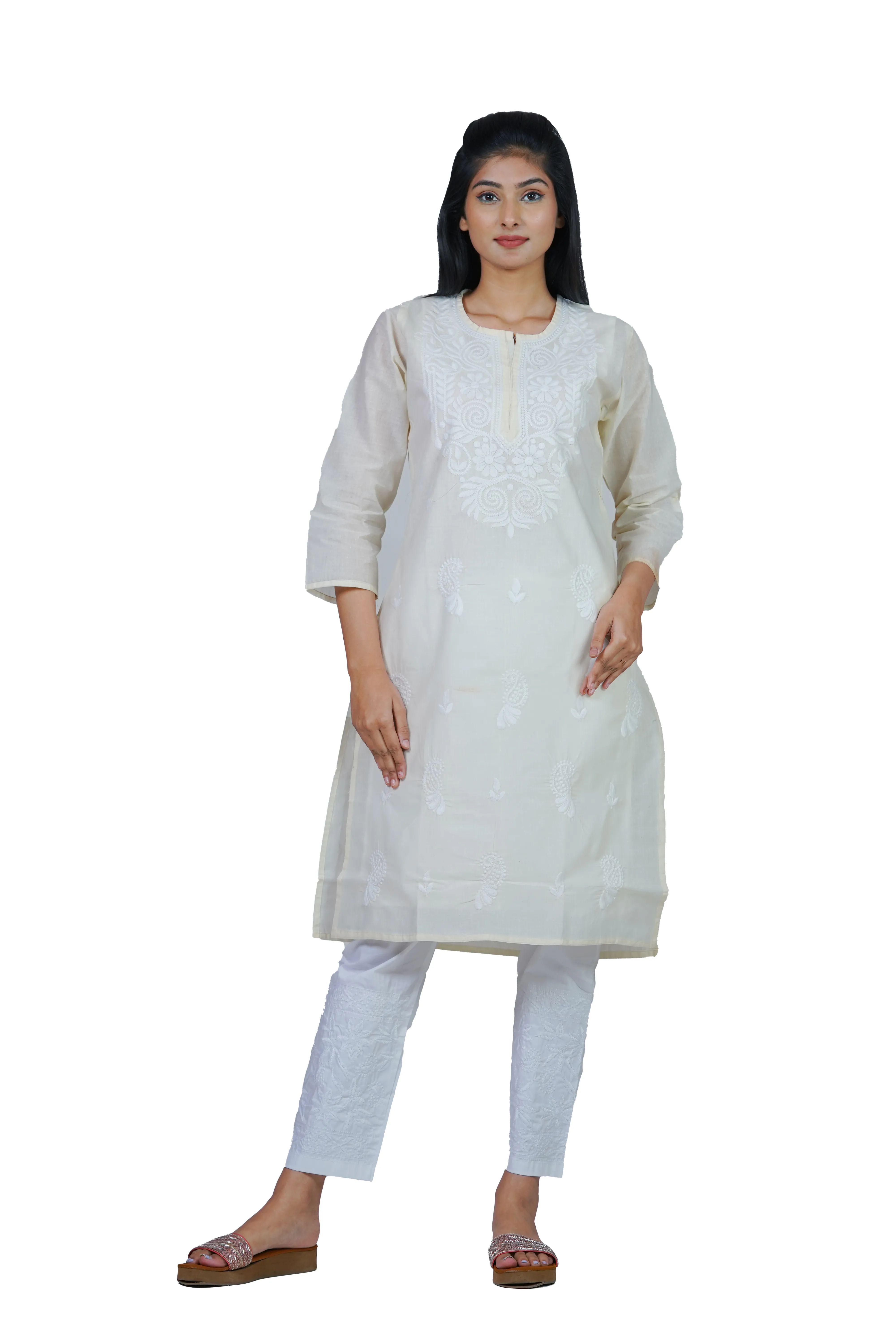 Hand-Embroidered Lucknowi Cotton Chikan Kurti- Cream