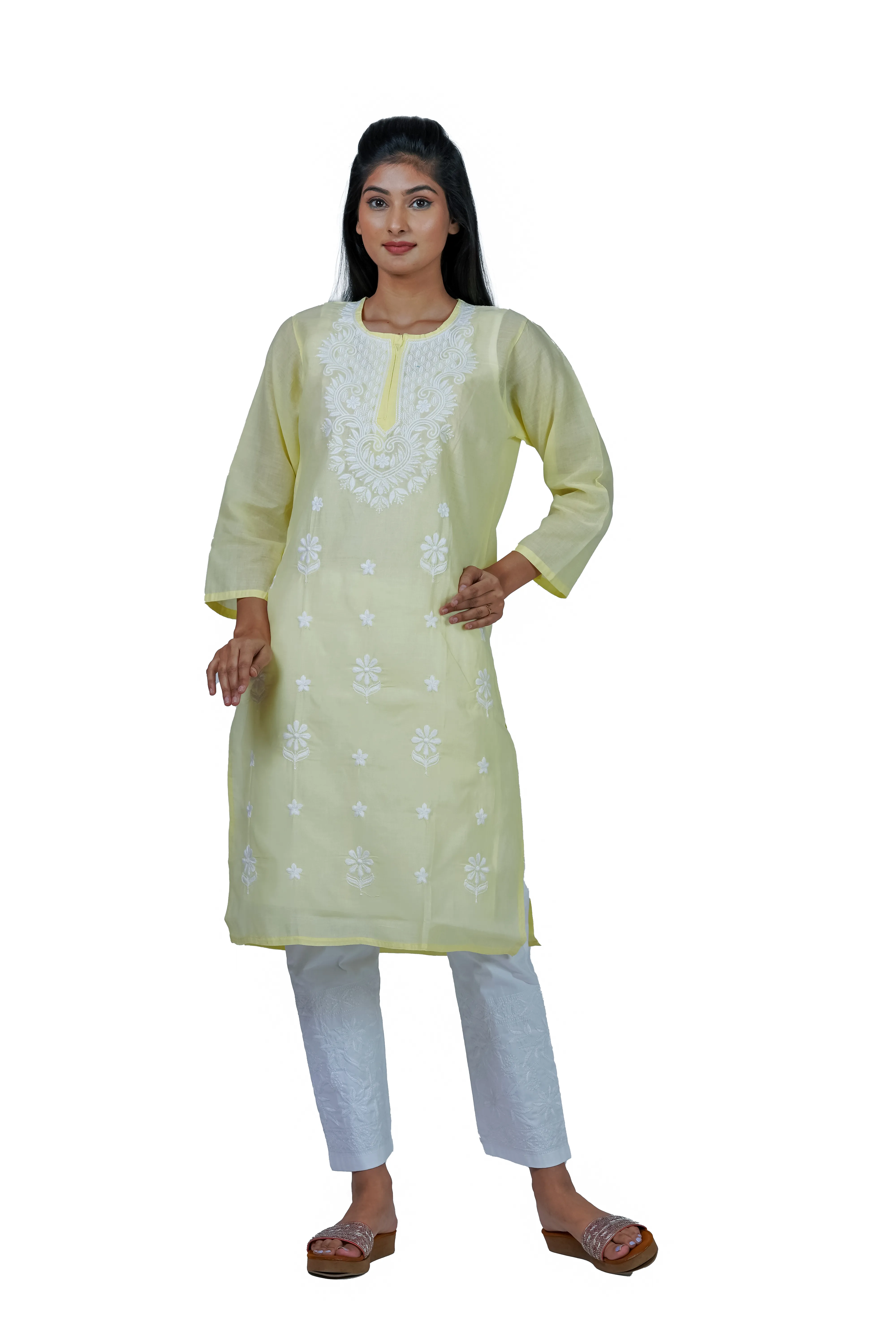 Hand-Embroidered Lucknowi Cotton Chikan Kurti- Light Yellow