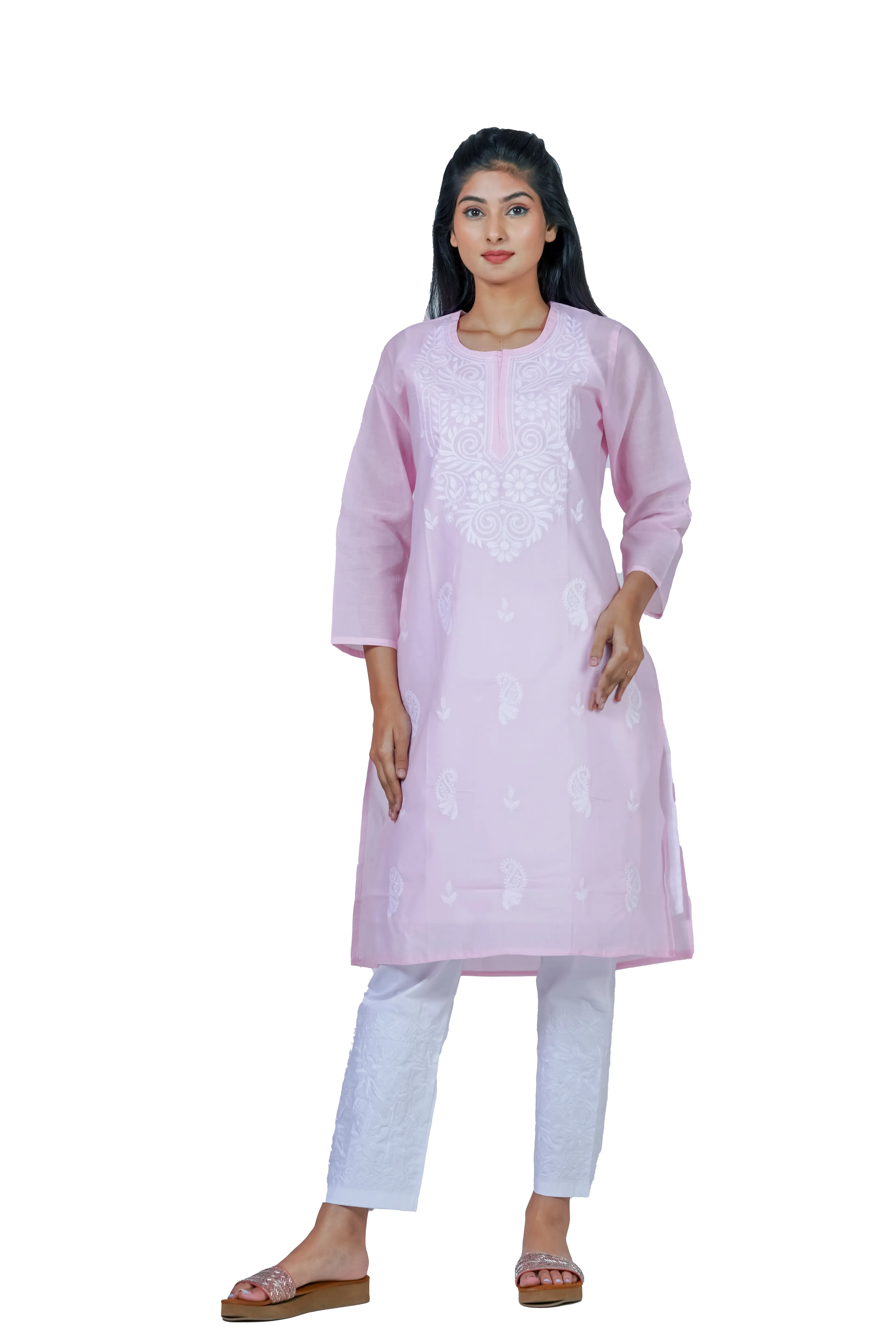Hand-Embroidered Lucknowi Cotton Chikan Kurti-Light Pink