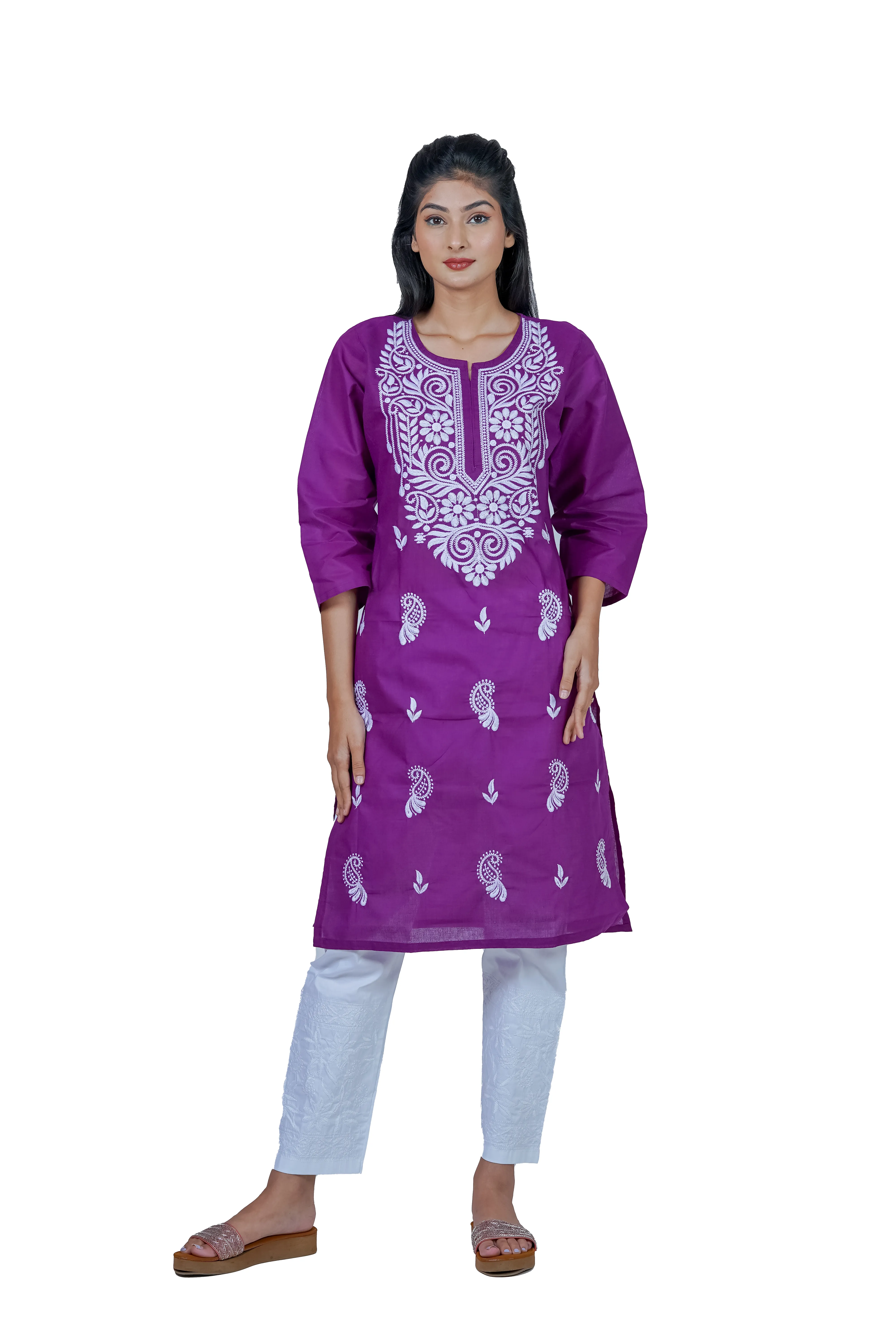 Hand-Embroidered Lucknowi Cotton Chikan Kurti-Light Wine
