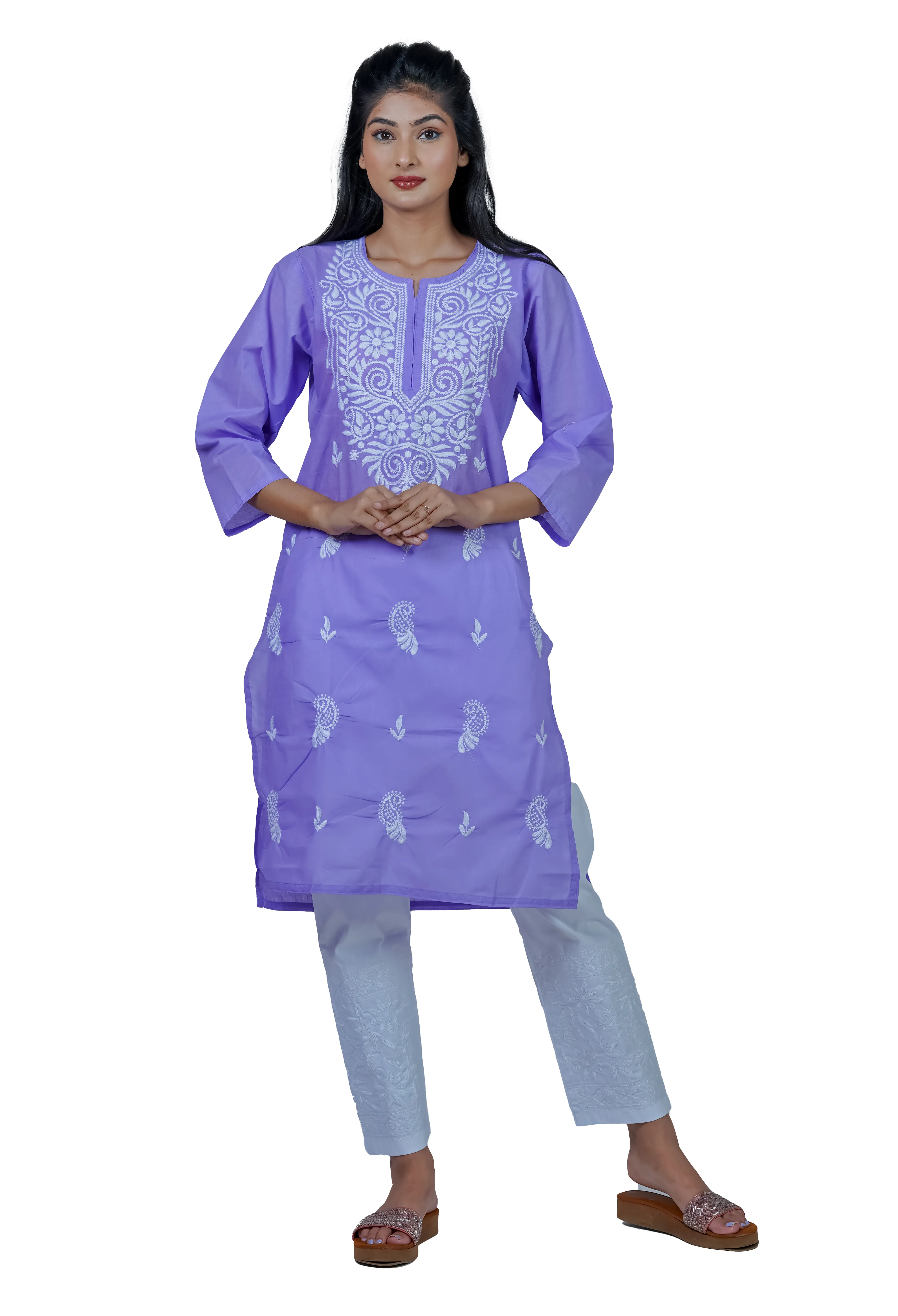 Hand-Embroidered Lucknowi Cotton Chikan Kurti- Lavender Blue
