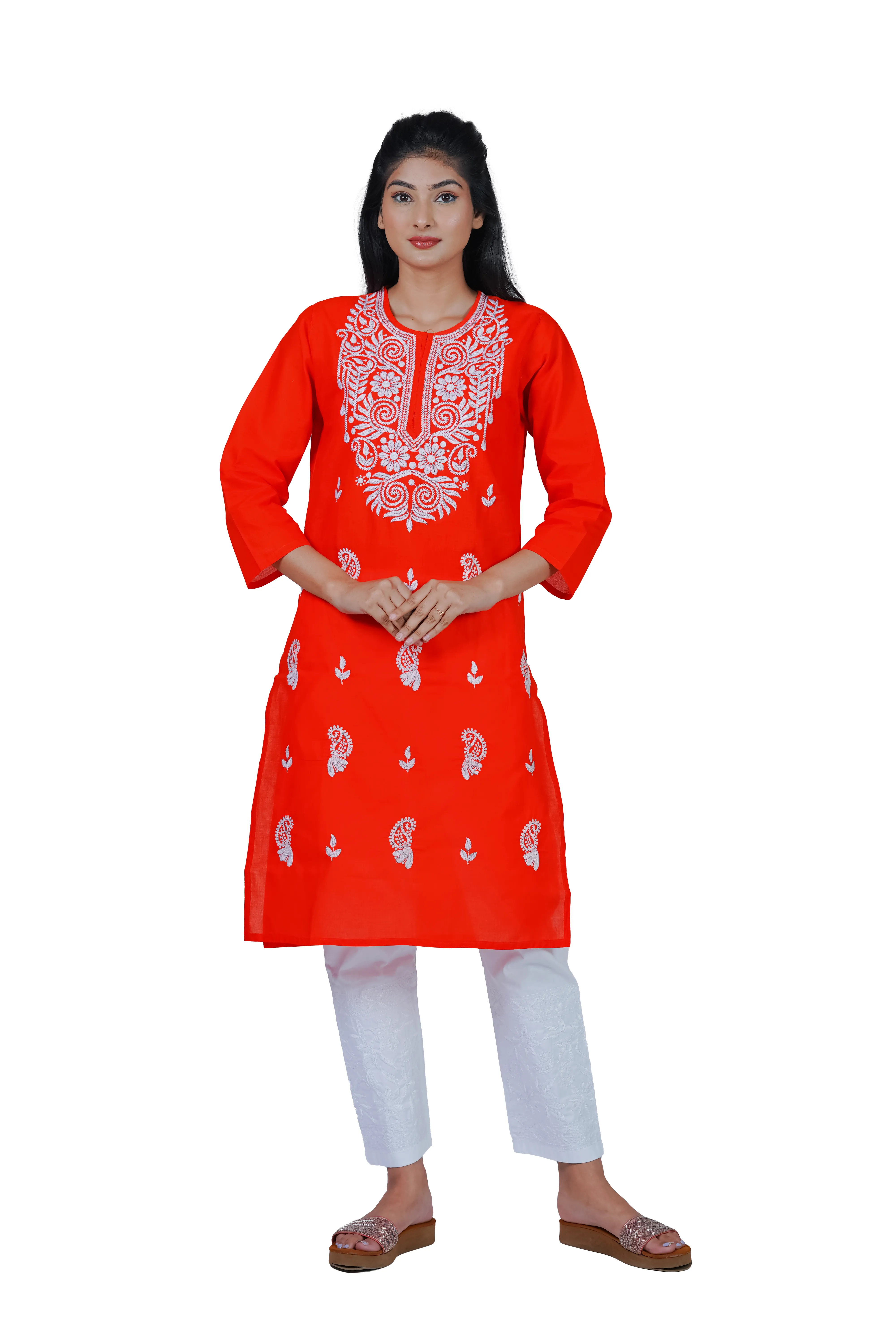 Hand-Embroidered Lucknowi Cotton Chikan Kurti- Red