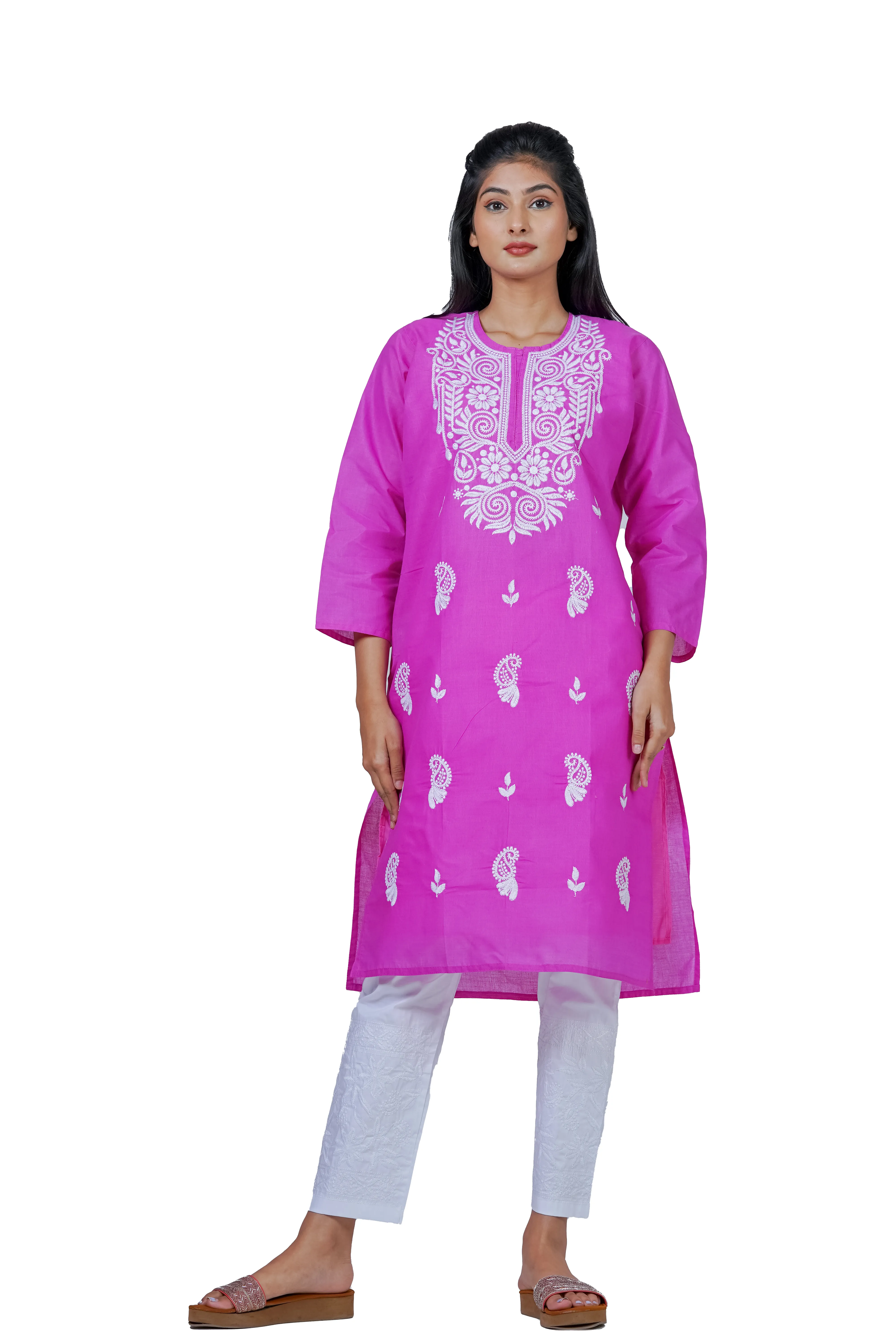 Hand-Embroidered Lucknowi Cotton Chikan Kurti-Pink