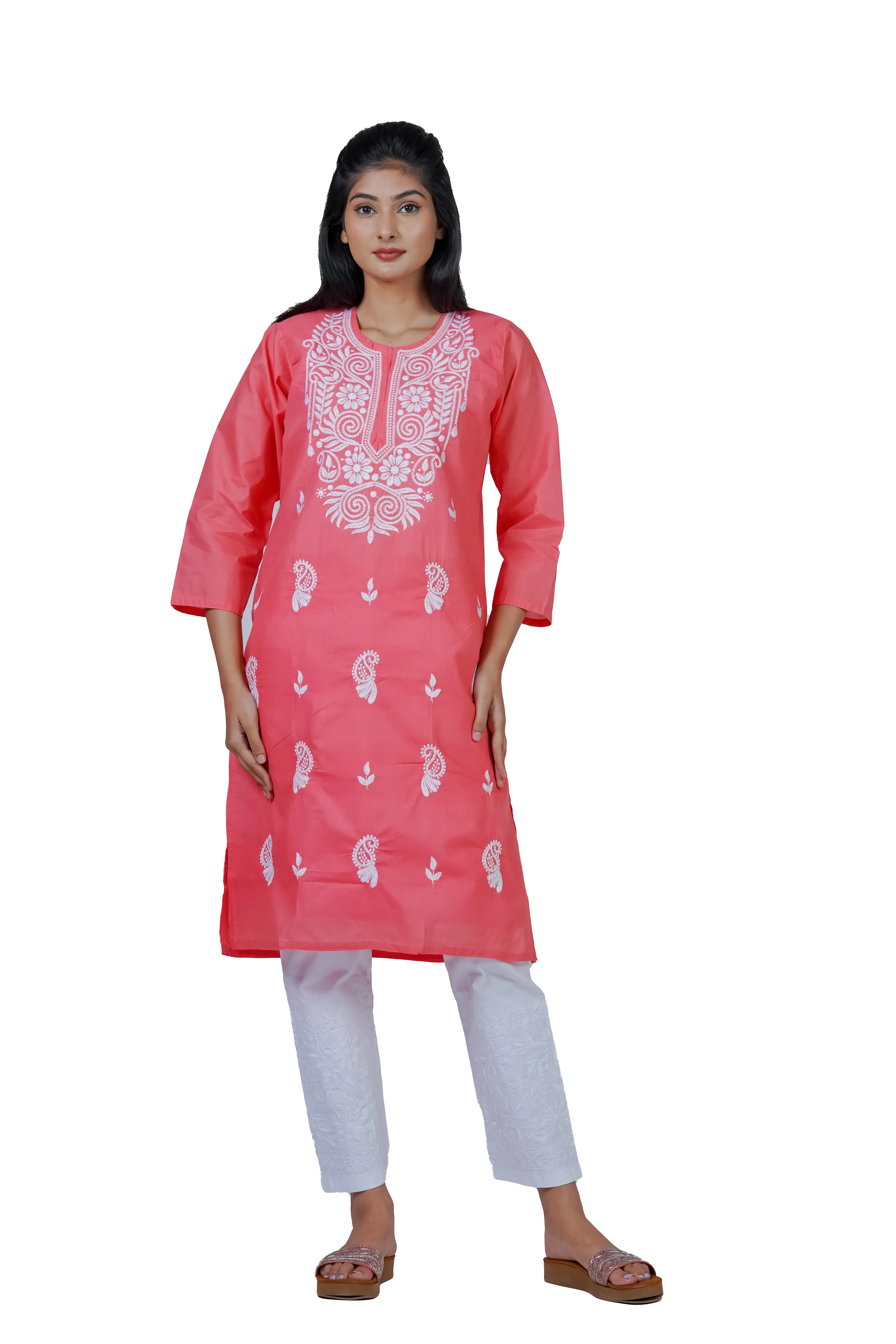 Hand-Embroidered Lucknowi Cotton Chikan Kurti-Light Red