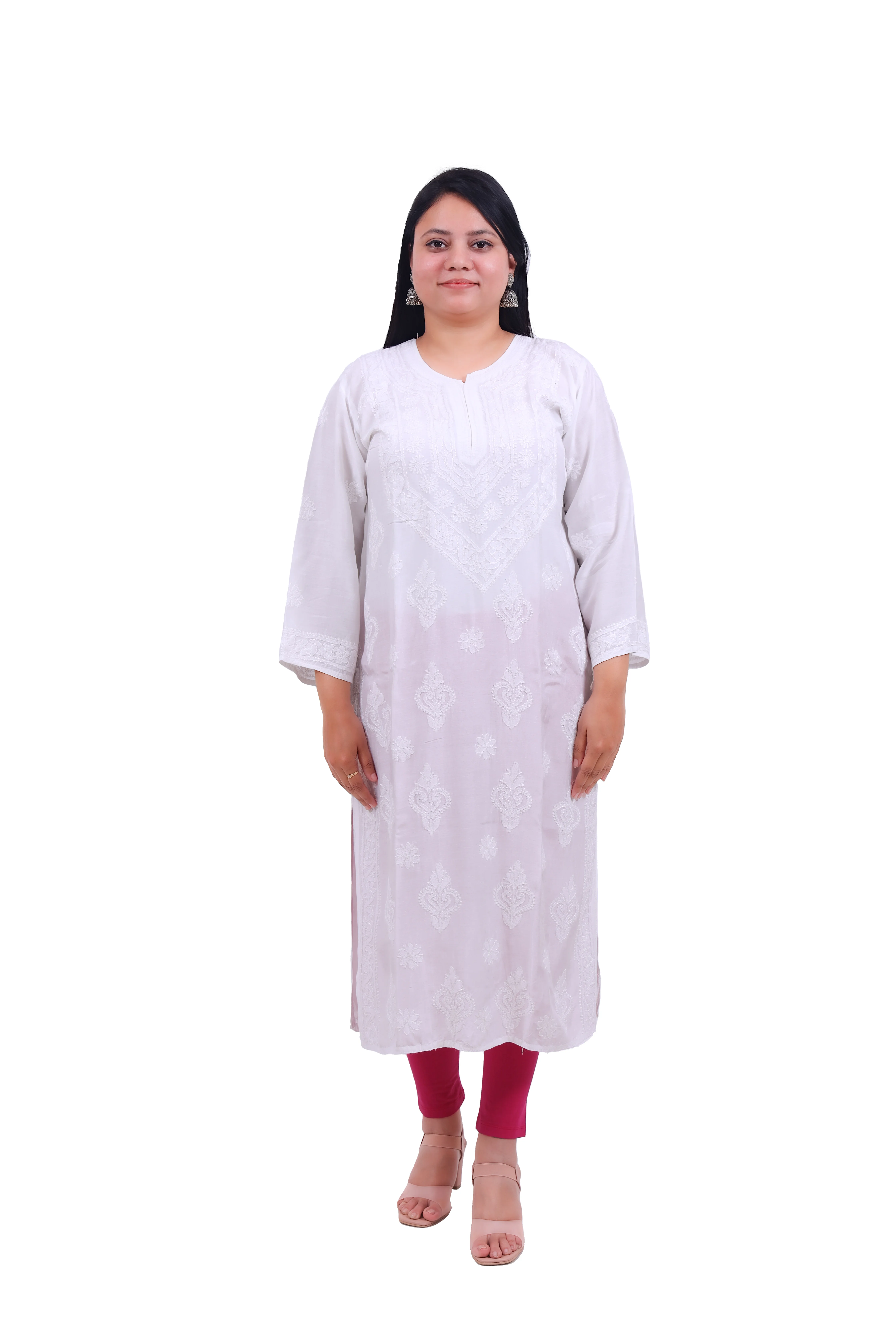 TABARRUK Hand-Embroidered Lucknowi Cotton Chikan Kurti for Women-white