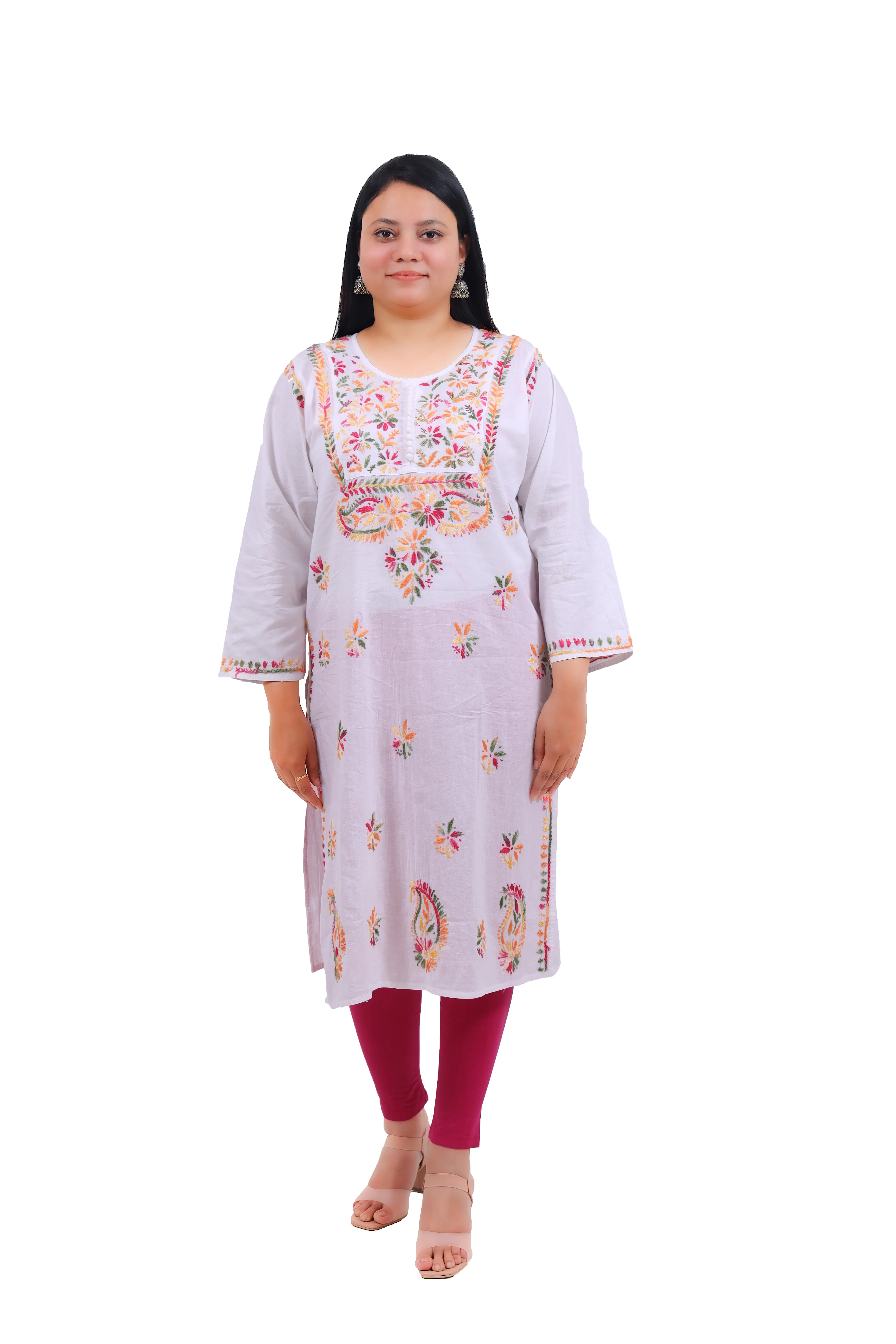 Women's Cotton Blend Floral Embroidered Straight Kurta - white
