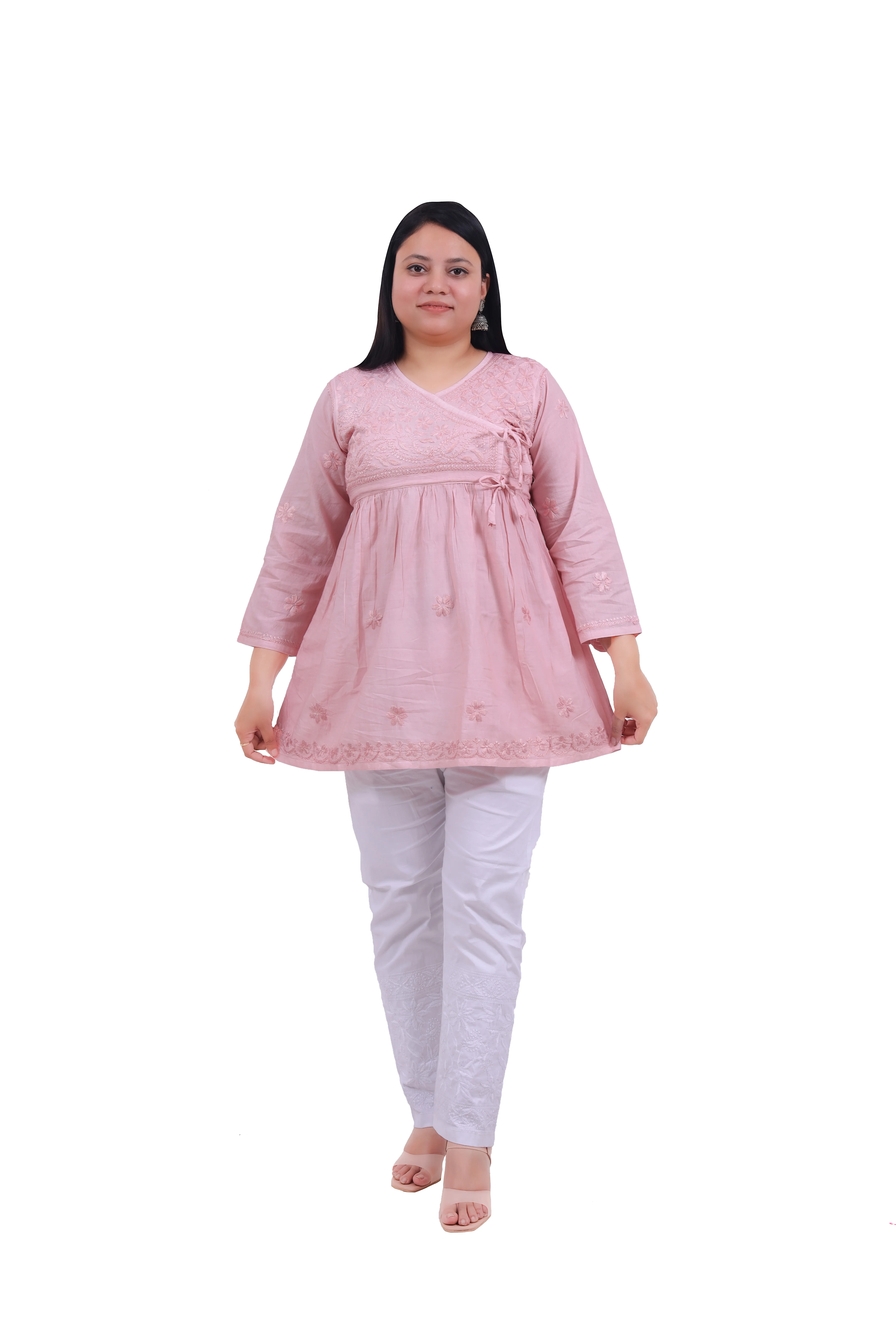 TABARRUK Hand Embroidered Lucknowi Chikankari short Cotton Kurti for Women pink