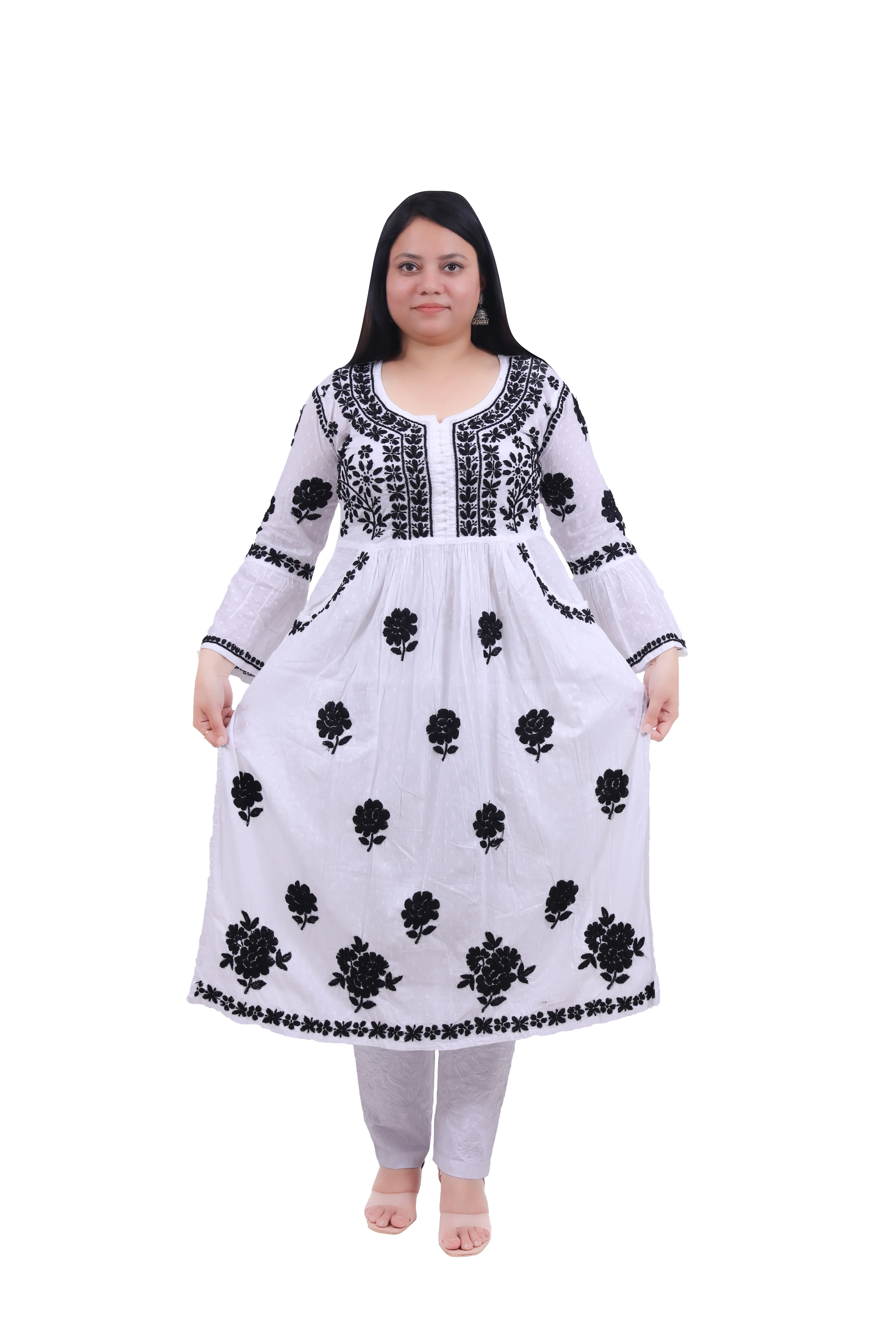 TABARRUK Hand Embroidered Lucknowi Chikankari Straight Cotton Kurti for Women- white