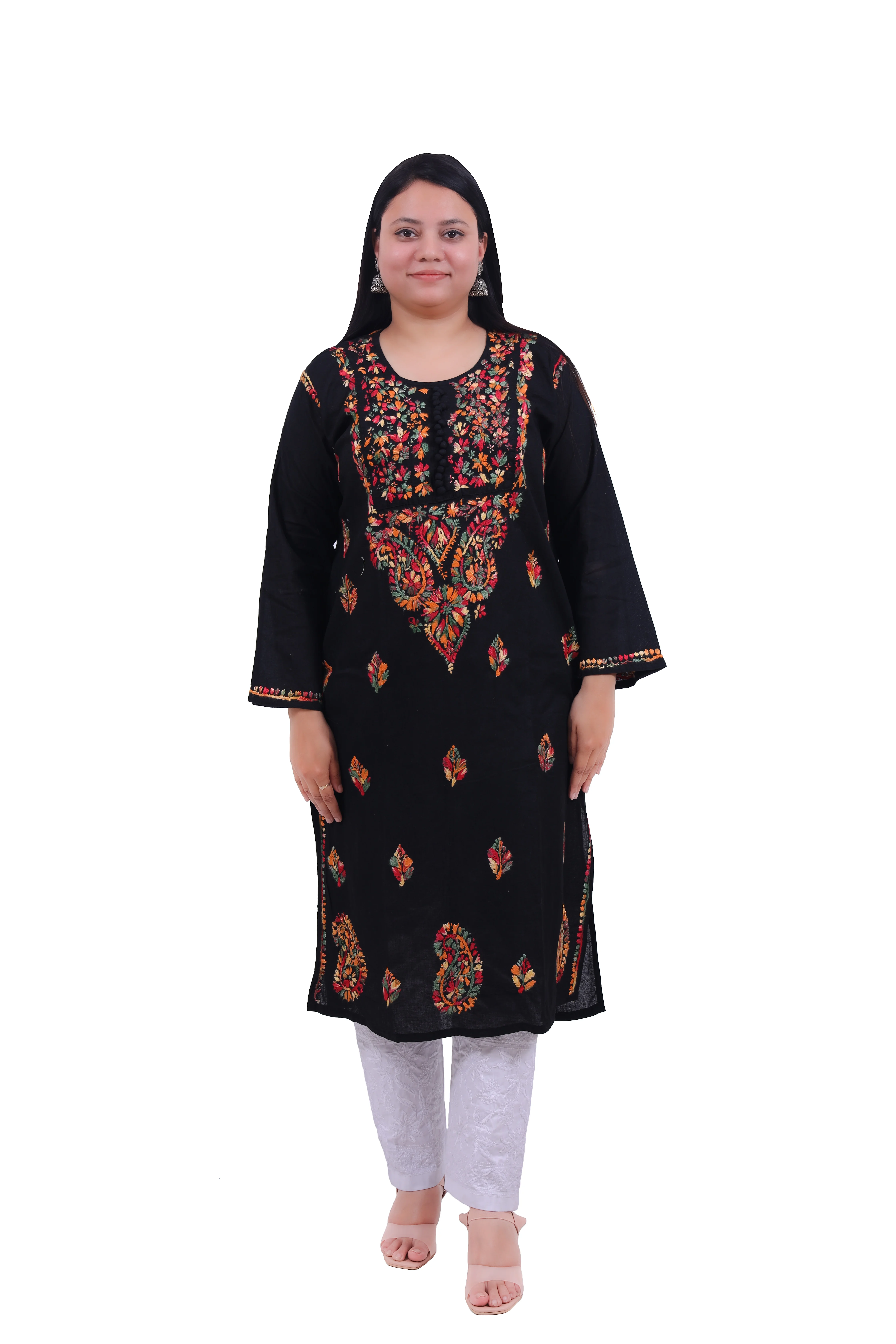 TABARRUK Hand Embroidered Lucknowi Chikankari Straight Cotton Kurti for Women-black