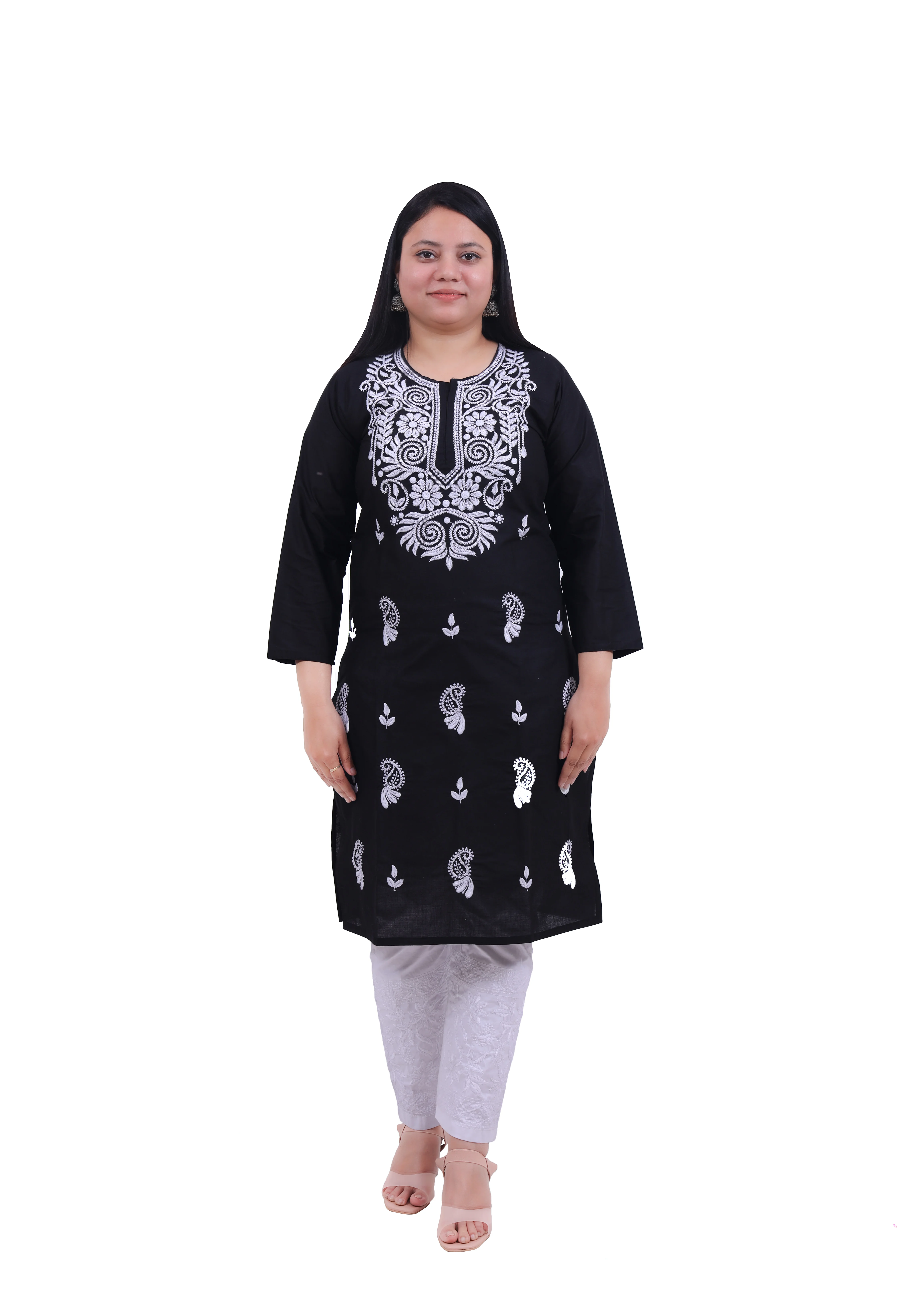 TABARRUK Hand Embroidered Lucknowi Chikankari Straight Cotton Kurti for Women-black