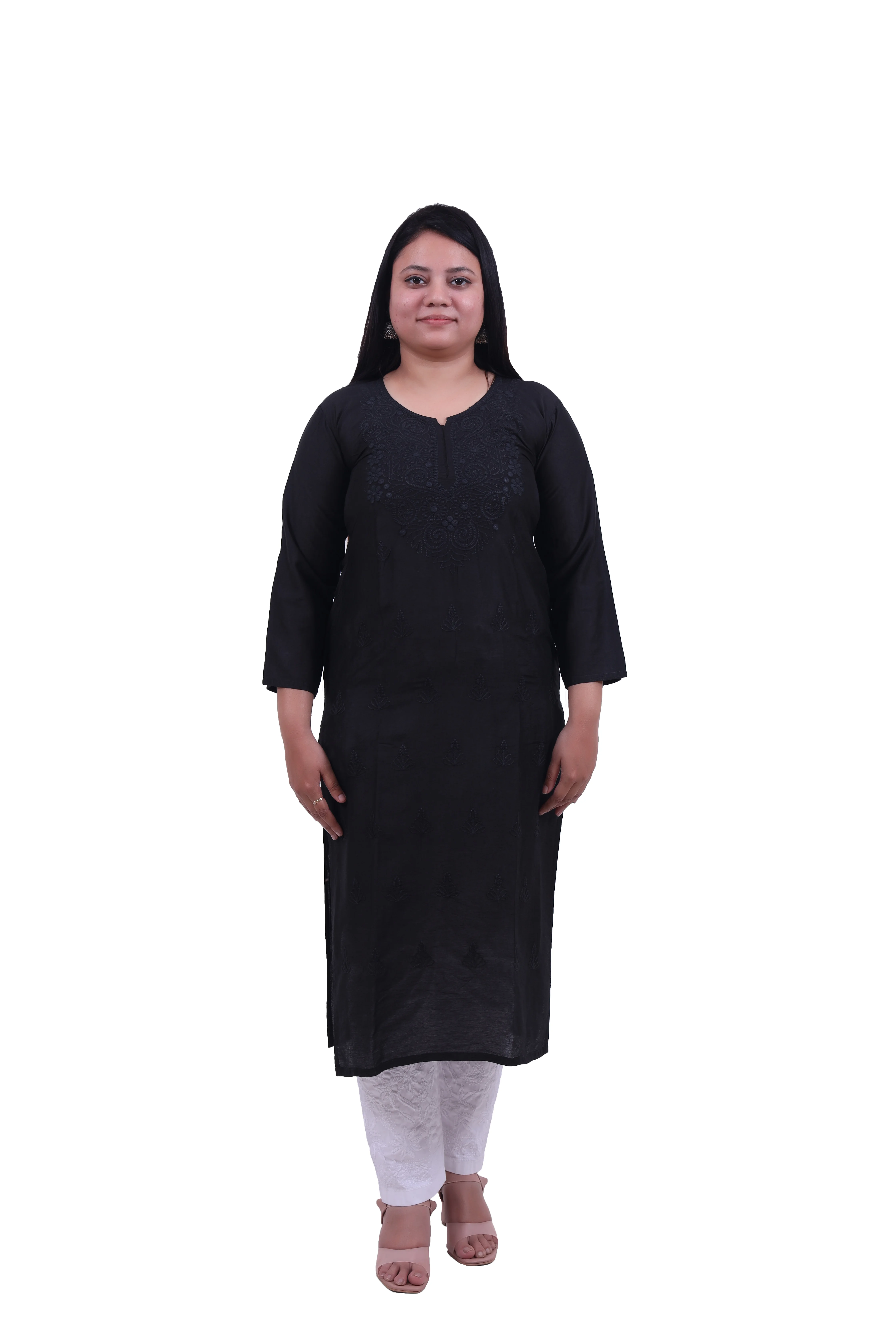 TABARRUK Hand Embroidered Lucknowi Chikankari Straight Cotton Kurti for Women-black