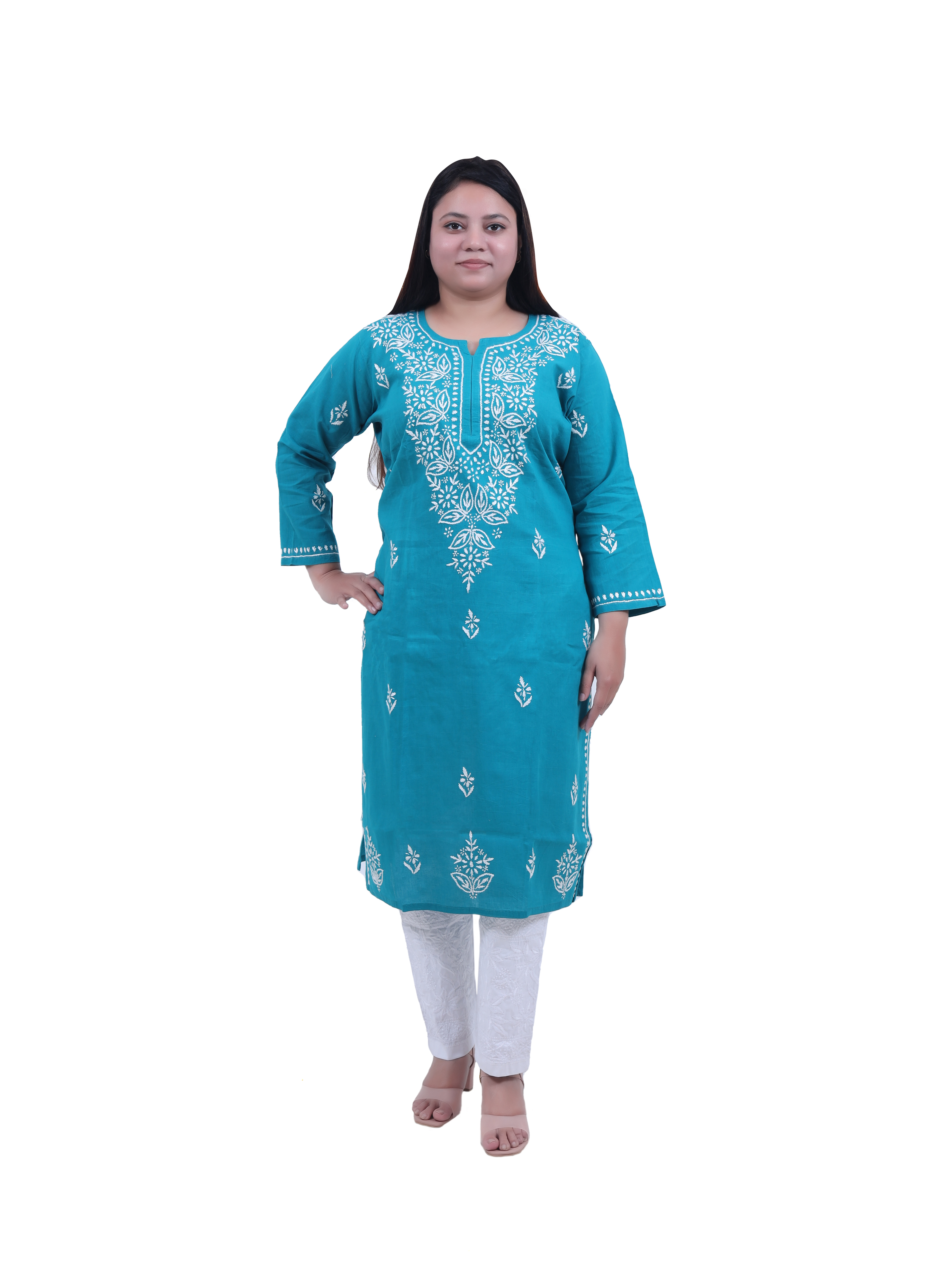 TABARRUK Chikankari Hand Embroidered Pure Cotton Kurti for Women- Blue