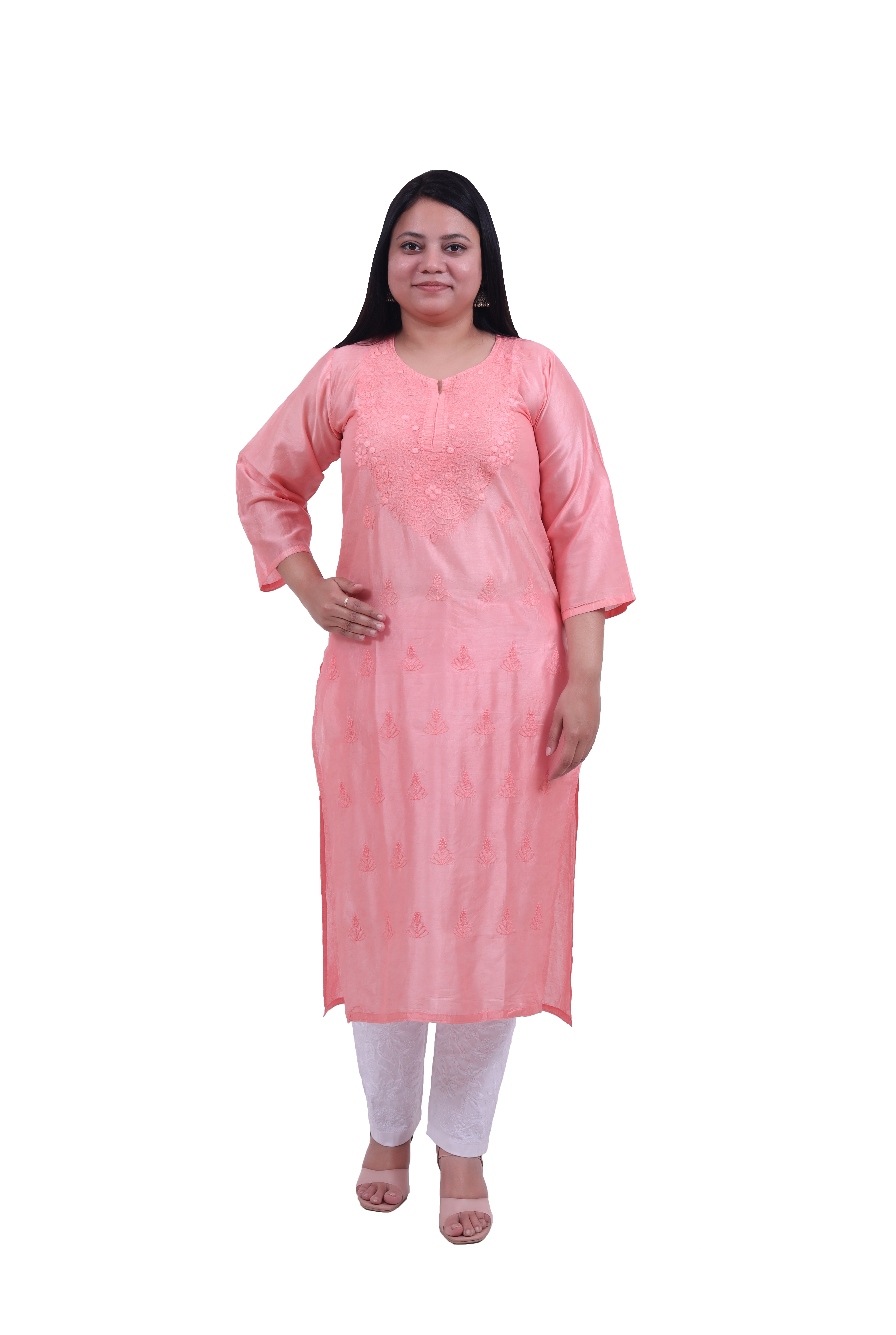 TABARRUK Chanderi Lucknowi Chikankari Kurti for Women