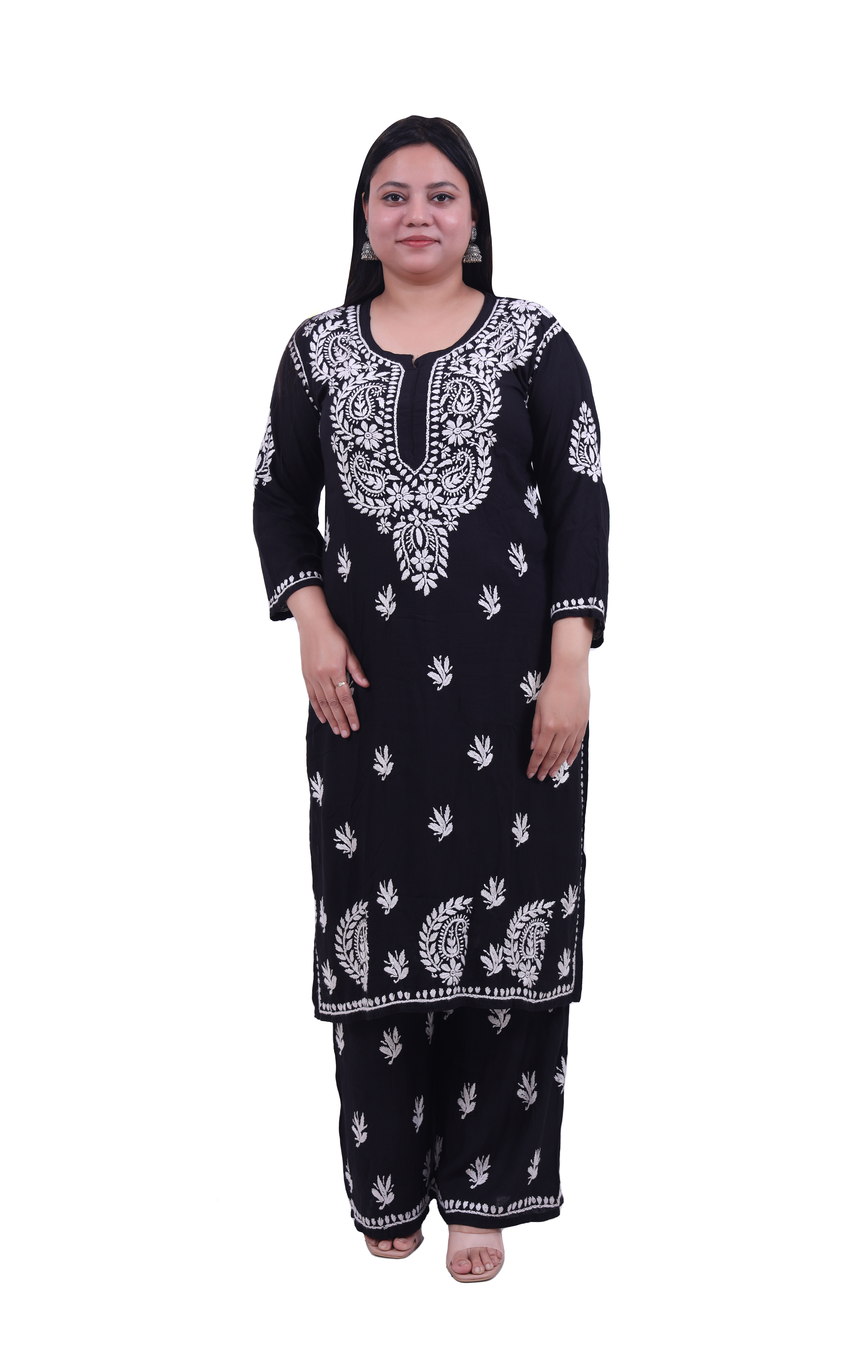 TABARRUK Hand made Cotton Chikan Kurti for Women-Red Color