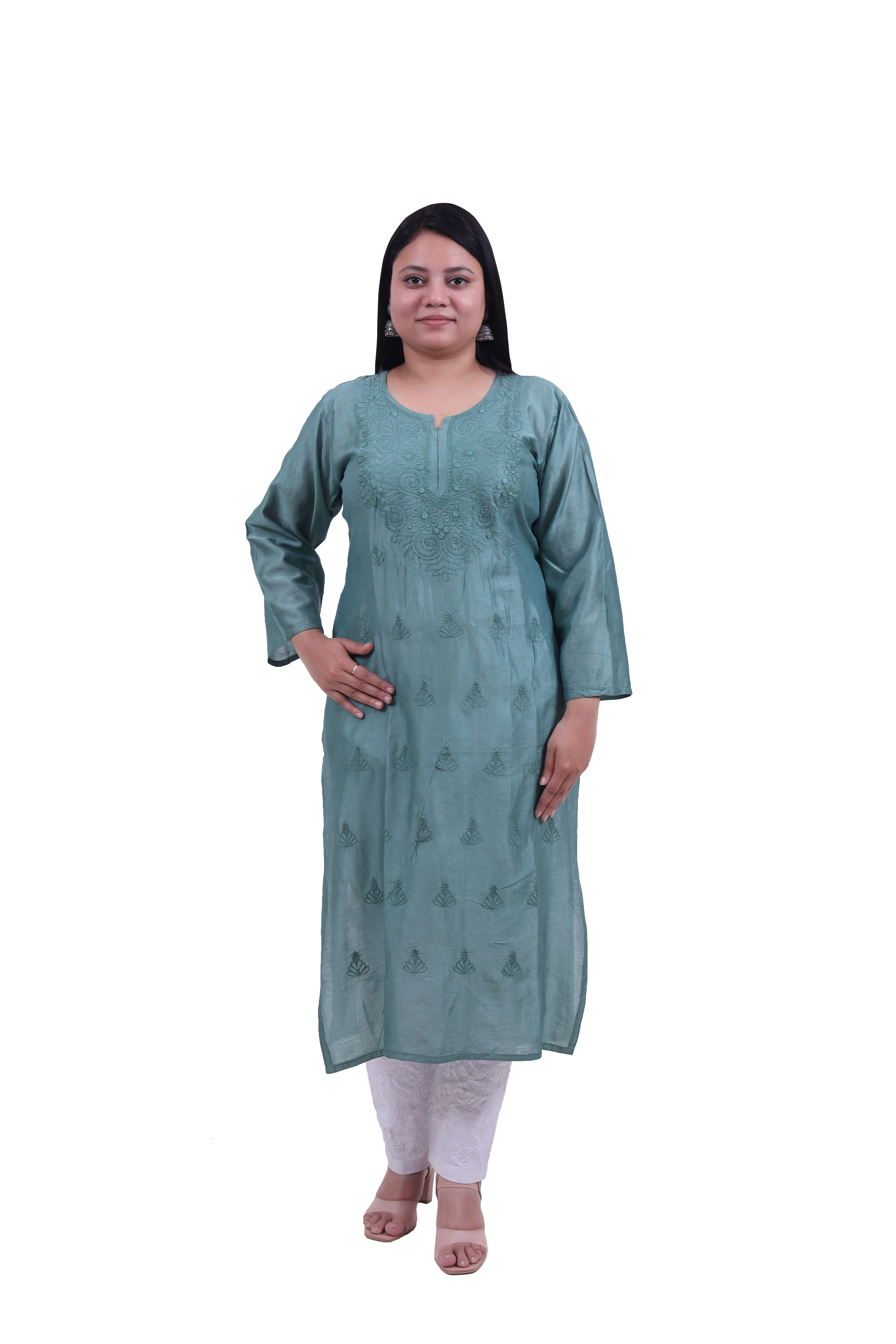 TABARRUK Chanderi Lucknowi Chikankari Kurti for Women