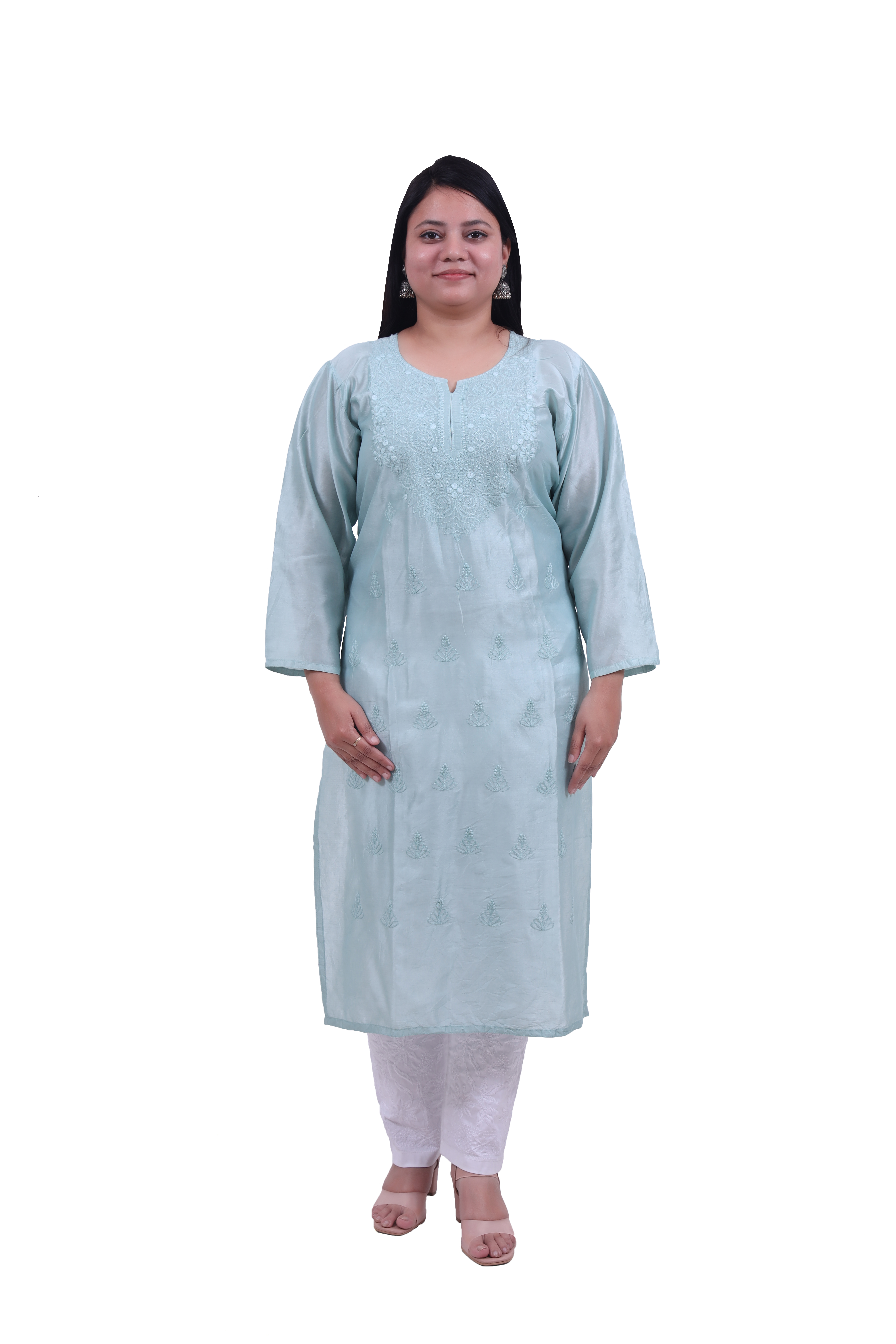 TABARRUK Chanderi Lucknowi Chikankari Kurti for Women