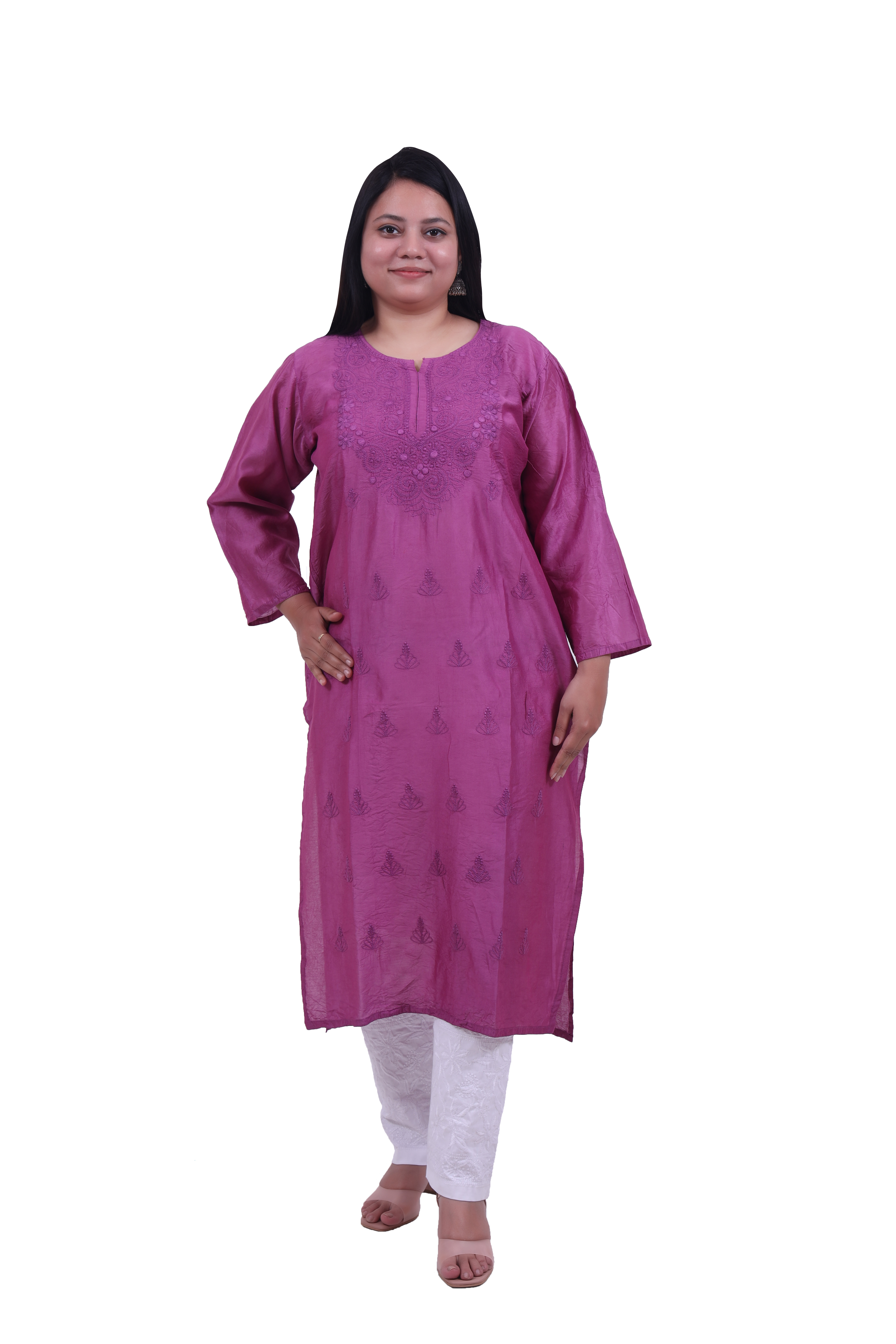 TABARRUK Chanderi Lucknowi Chikankari Kurti for Women