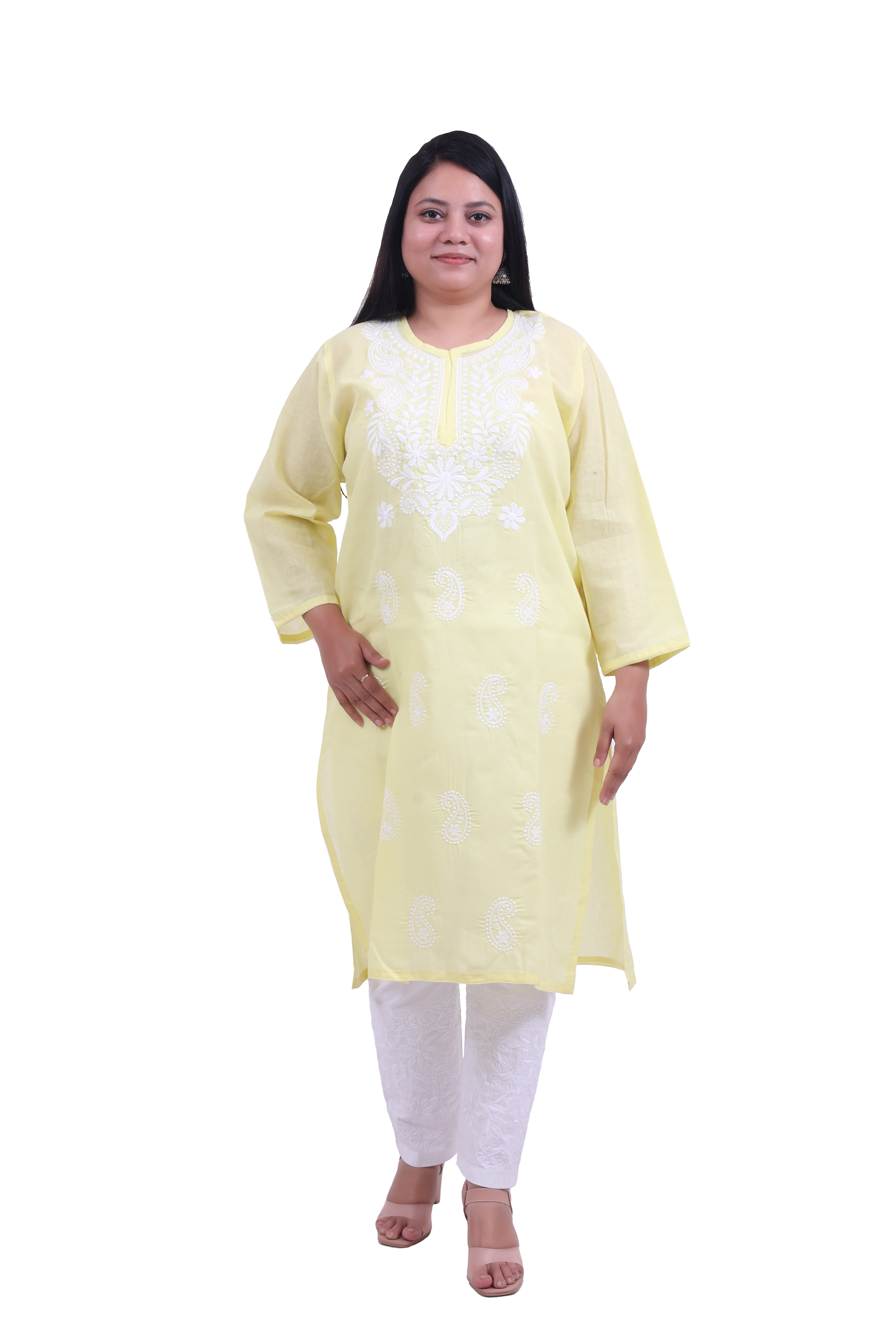 TABARRUK Hand made Cotton Chikan Kurti for Women-Red Color